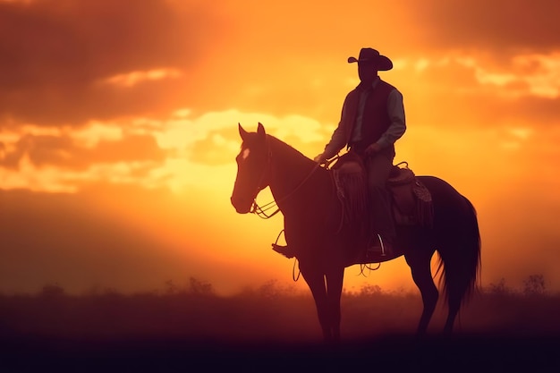 Silhouette eines Cowboys auf einem Pferd bei Sonnenuntergang. Neuronales Netzwerk, erstellt im Mai 2023. Basiert nicht auf einer tatsächlichen Personenszene oder einem Muster