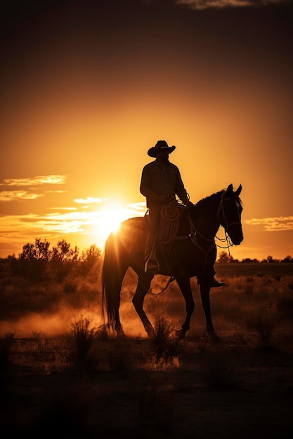 Silhouette eines Cowboys auf einem Pferd bei Sonnenuntergang