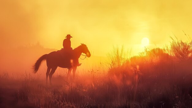 Silhouette eines Cowboys, der bei Sonnenuntergang reitet