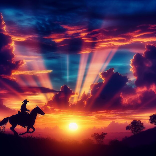 Silhouette eines Cowboys, der in den Sonnenuntergang reitet c4d träumiger und optimistischer lebendiger Himmel