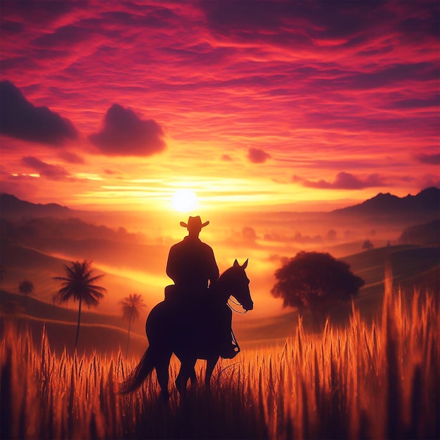 Foto silhouette eines cowboys, der in den sonnenuntergang reitet c4d träumiger und optimistischer lebendiger himmel