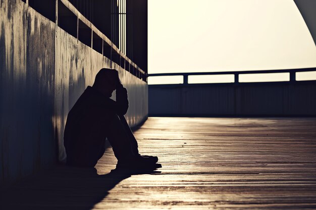 Silhouette eines depressiven Mannes, der traurig ernsthaft auf dem Gehweg in der Wohnung sitzt.