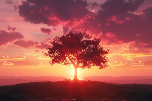 Silhouette eines einsamen Baumes gegen einen atemberaubenden Sonnenstrahl