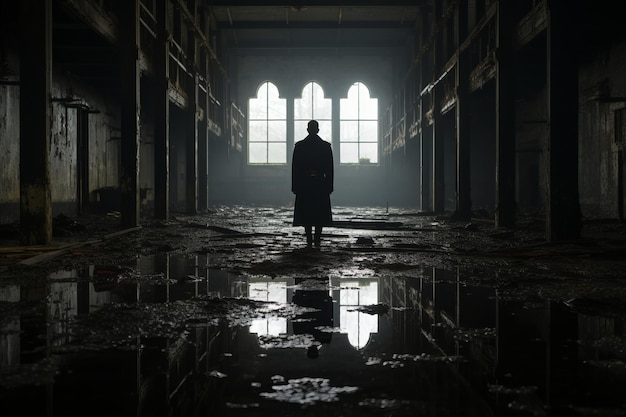 Silhouette eines einsamen Mannes steht in einem verlassenen Saal einer verlassenen und verfallenden Ruinenkirche