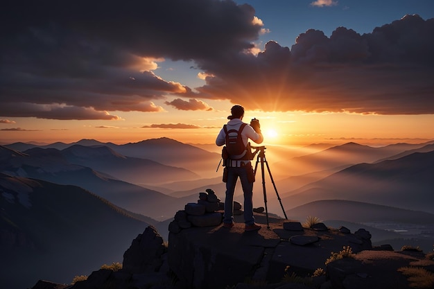 Silhouette eines Fotografen, der einen Sonnenuntergang in den Bergen fotografiert