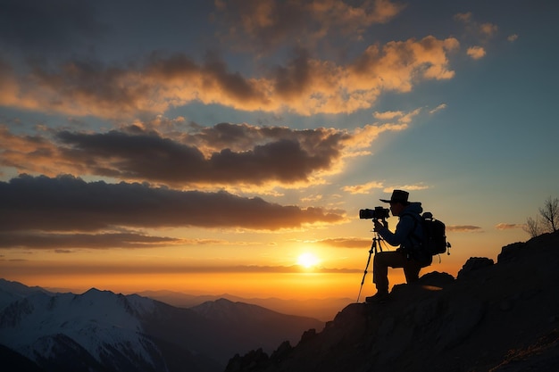 Silhouette eines Fotografen, der einen Sonnenuntergang in den Bergen fotografiert