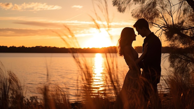 Silhouette eines frisch verheirateten Paares am Strand bei Sonnenuntergang