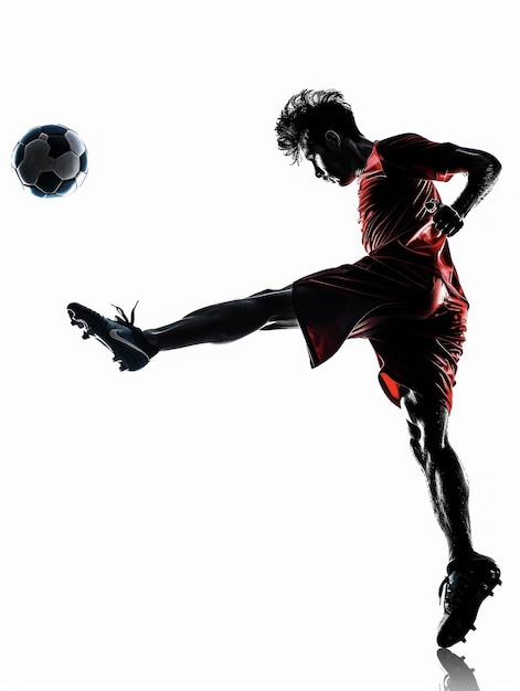 Silhouette eines Fußballspielers in Aktion, der den Ball tritt