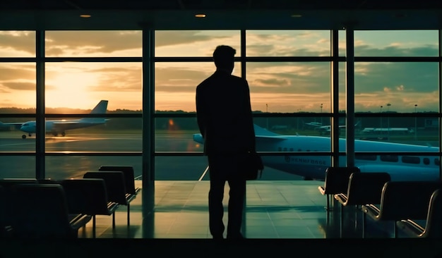 Foto silhouette eines geschäftsmannes, der auf einer fensterbank an einem großen flughafen steht