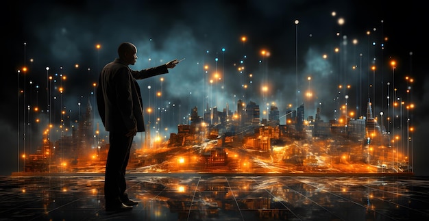 Silhouette eines Geschäftsmannes, der mit dem Finger auf eine moderne Stadt zeigt. Gemischte Medien