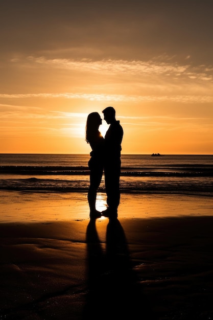 Silhouette eines glücklichen jungen Paares, das mit den Armen um einander am Strand spazieren geht