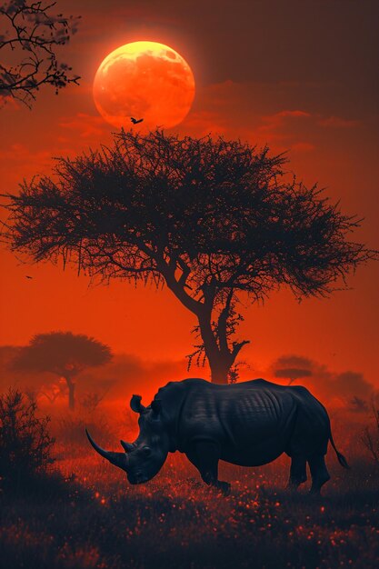 Foto silhouette eines großen akazienbaums in der savanne mit einem nashorn weißes nashorn afrikanischer sonnenuntergang