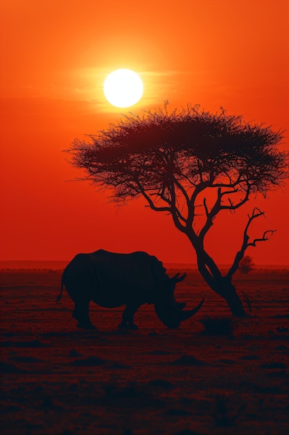 Foto silhouette eines großen akazienbaums in der savanne mit einem nashorn weißes nashorn afrikanischer sonnenuntergang