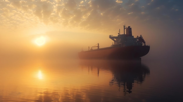 Silhouette eines großen Frachtschiffs auf ruhigen Gewässern bei Sonnenaufgang mit wunderschöner Reflexion ideal für den Hintergrund