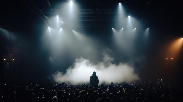 Silhouette eines gruseligen Mannes mit Kapuze vor einer Menschenmenge bei einem dunklen Konzert