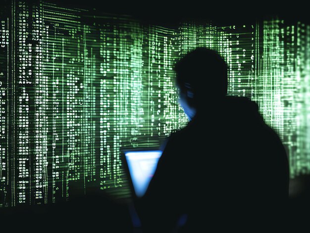 Foto silhouette eines hackers mit laptop und binärcode im hintergrund generative ki
