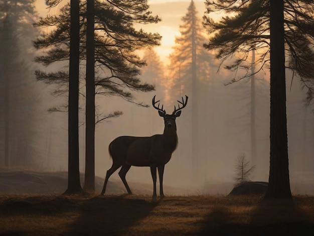 Silhouette eines Hirsches in der Nähe eines Kiefernbaums