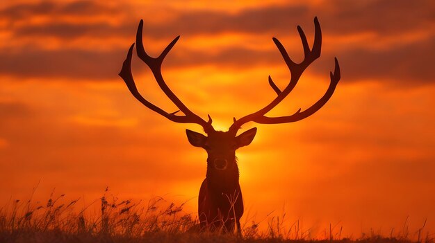 Foto silhouette eines hirsches mit hörnern während des orangefarbenen sonnenuntergangs