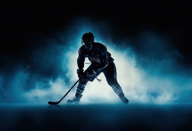 Foto silhouette eines hockeyspielers silhouette wird gegen einen blauen hintergrund dargestellt