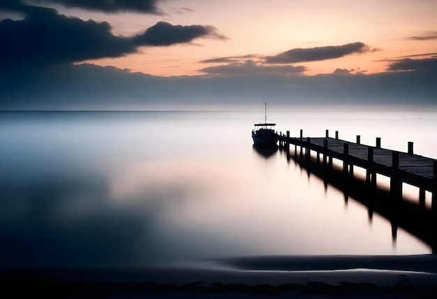 Silhouette eines hölzernen Piers und eines kleinen Bootes auf einem Strand bei Sonnenuntergang mit dunklen Wolken am Himmel