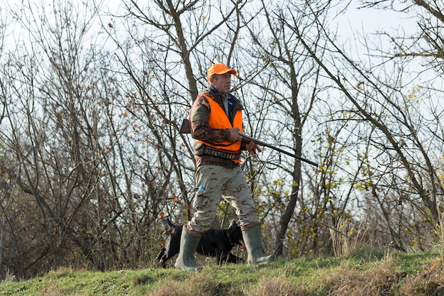 Silhouette eines Jägers mit einer Waffe im Schilf gegen die Sonne ein Hinterhalt für Enten mit Hunden