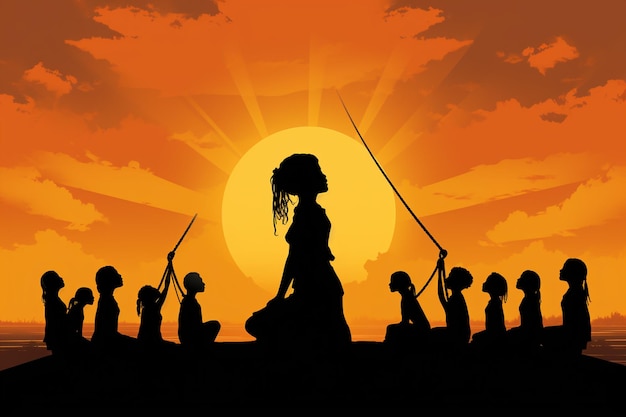 Silhouette eines japanischen Kendo-Kriegers auf Sonnenuntergangshintergrund