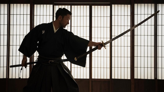 Silhouette eines japanischen Mannes in Kimono, der mit einem traditionellen japanischen Katana-Schwert übt