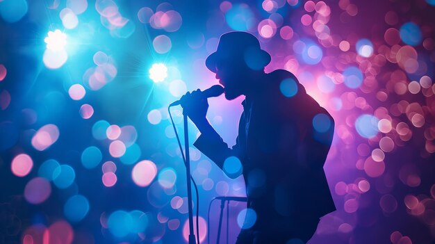 Foto silhouette eines jazzmusikers, der bei einem konzert mit lila und blauer lichtshow auftritt