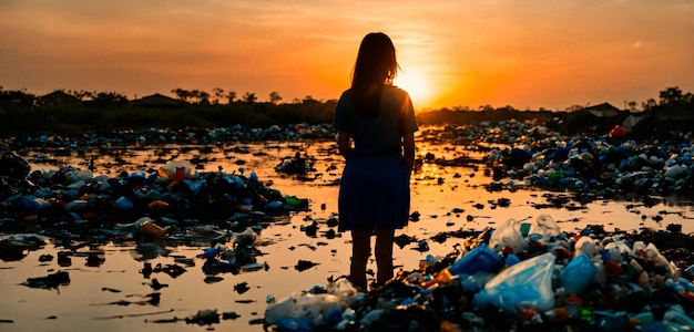 Silhouette eines jungen Mädchens in einem See voller Plastikmüll während des Sonnenuntergangs