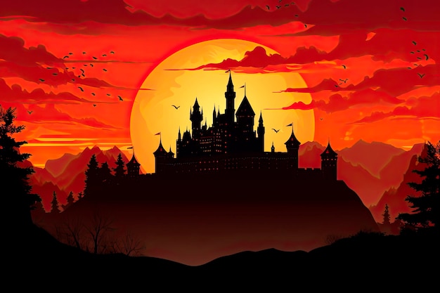 Silhouette eines königlichen Schlosses mit einer Sonnenuntergangslandschaft