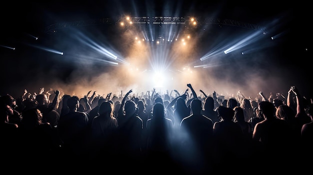 Silhouette eines Konzertpublikums vor hellen Bühnenlichtern. Dunkler Hintergrundrauch, Konzertscheinwerfer, Discokugel. Menschenmenge beim Konzert. Generative KI