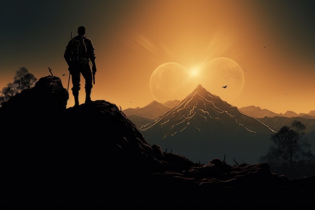 Silhouette eines Kriegers in den Bergen 3D-Rendering Silhouette eines Soldaten auf dem Gipfel des Berges AI generiert