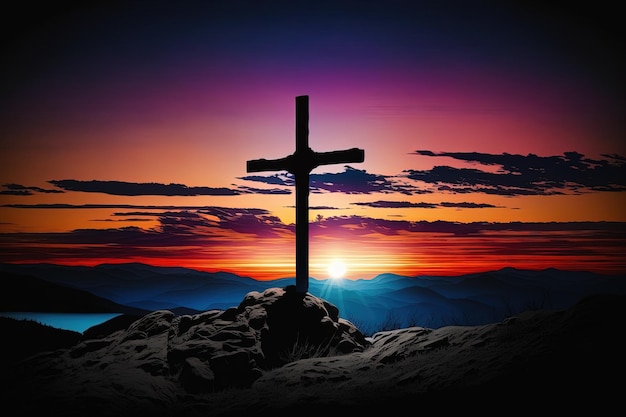 Silhouette eines Kruzifixkreuzes bei Sonnenuntergang mit heiligem und hellem Hintergrund