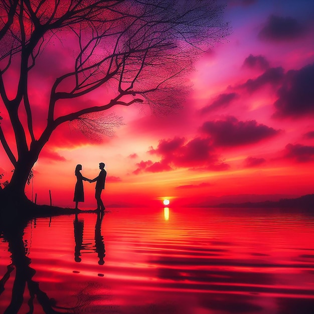 Silhouette eines liebenden Paares vor dem Sonnenuntergang der Stadt