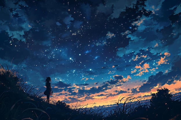 Silhouette eines Mädchens, das auf einem Hügel steht und auf die Milchstraße schaut