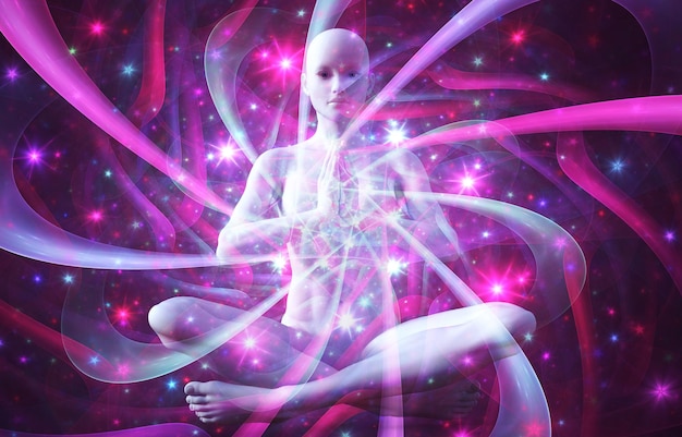 Silhouette eines Mädchens in Lotus-Position auf dem Hintergrund des Mandalas Ein Zustand der Trance und tiefer Meditation Eine spirituelle Reise im Universum 3D-Darstellung