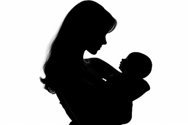 Silhouette eines Mädchens mit einem Baby in den Armen auf weißem Hintergrund