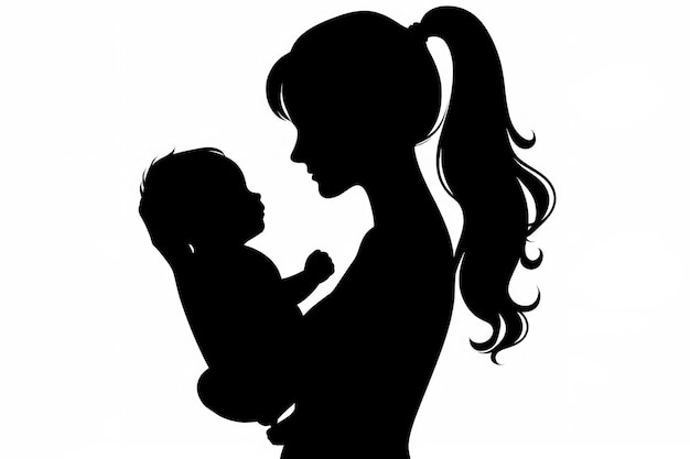 Foto silhouette eines mädchens mit einem baby in den armen auf weißem hintergrund