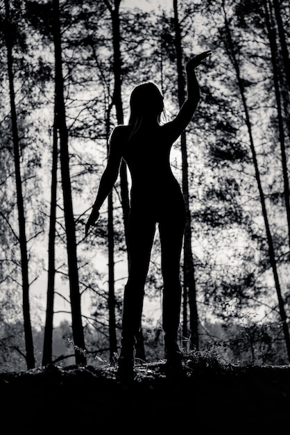 Silhouette eines Mädchens mit einem schönen Körper im Wald