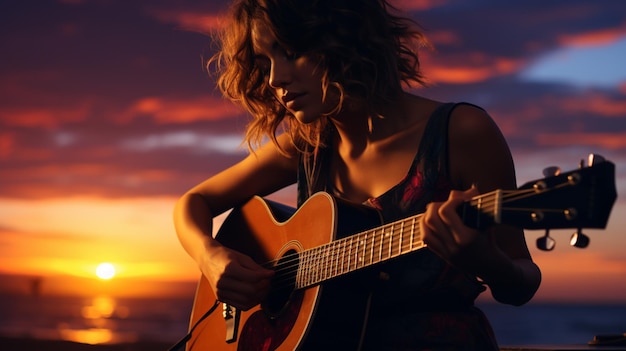 Silhouette eines Mädchens mit Gitarre an einem Abend