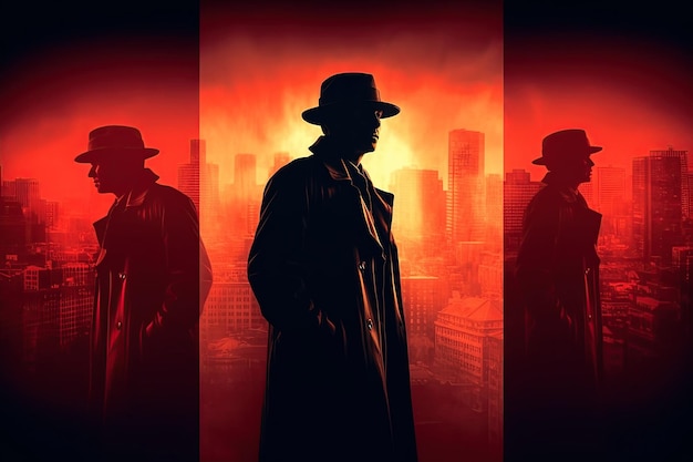 Silhouette eines männlichen Detektivs mit Hut. Plakatbanner für Thrillerfilm und dramatischen Buchroman