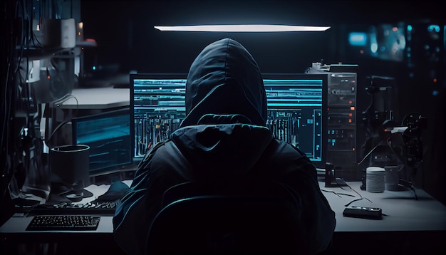 Silhouette eines männlichen Hackers, der die Firewall-Verschlüsselung bricht, um einen Trojaner-Virus einzuschleusen, der wertvolle Daten stehlen will