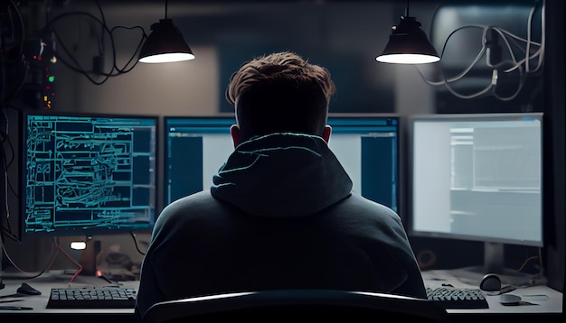 Silhouette eines männlichen Hackers, der die Firewall-Verschlüsselung bricht, um einen Trojaner-Virus einzuschleusen, der wertvolle Daten stehlen will