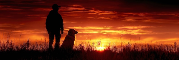 Foto silhouette eines männlichen jägers, der morgens bei tagesanbruch auf der sommerjagd mit dem hund auf dem feld steht