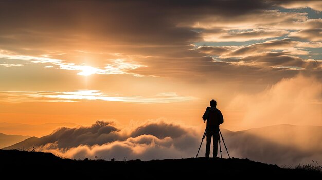 Silhouette eines Mannes auf dem Berggipfel Sonnenuntergang zwischen den Wolken