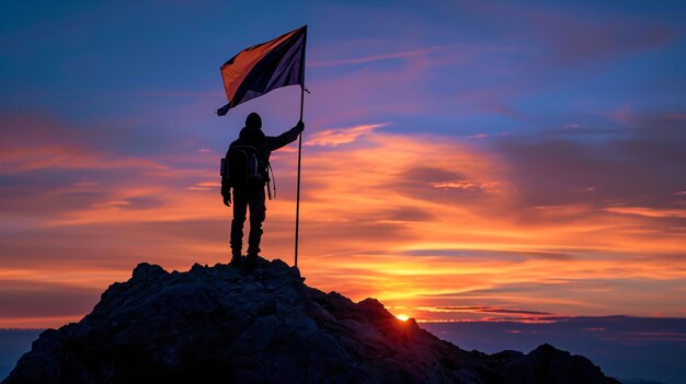 Foto silhouette eines mannes auf dem gipfel eines berges über himmel und sonnenlicht geschäftserfolg führungsleistung