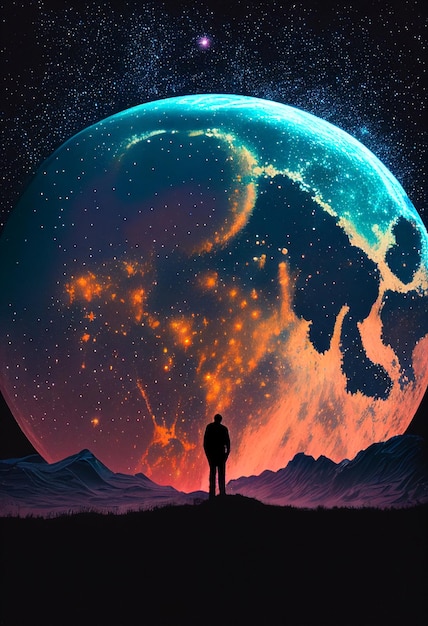 Silhouette eines Mannes auf dem Hintergrund eines riesigen KI-generierten Planeten