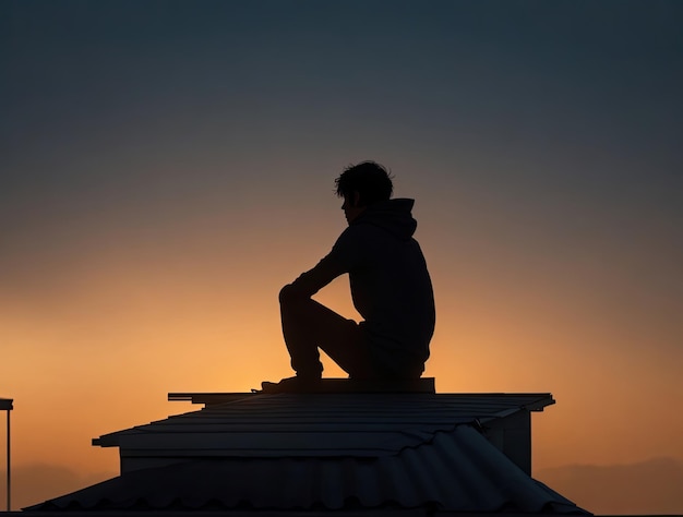 Silhouette eines Mannes, der auf dem Dach vor dem Hintergrund eines Sonnenuntergangs sitzt