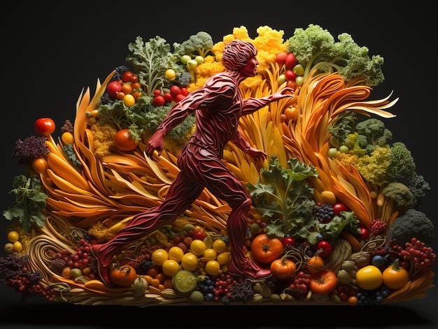 Silhouette eines Mannes, der auf dem Hintergrund von Gemüse und Obst läuft, gesund isst, generative KI