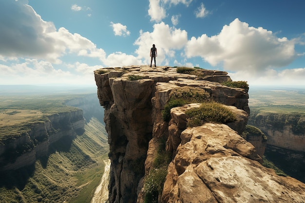 Silhouette eines Mannes, der bei hellem Tag auf einer Klippe mit Naturlandschaft steht